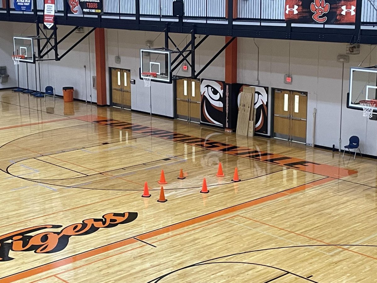 The Lucco-Jackson gym floor has been patched and awaits painting and waxing.