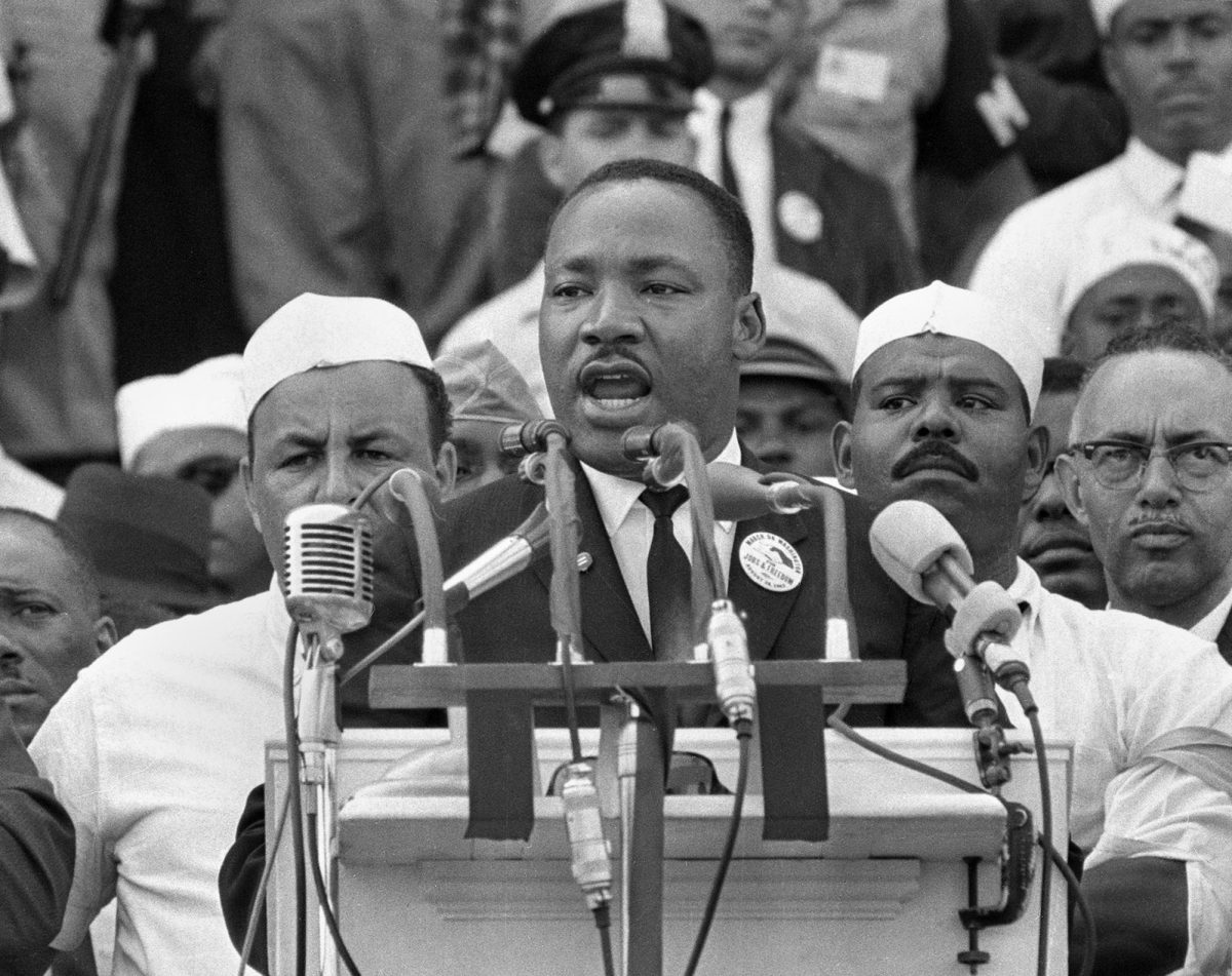 Dr. Martin Luther King Jr. addresses marchers during his "I Have a Dream" speech at the Lincoln Memorial in Washington, Aug. 28, 1963.