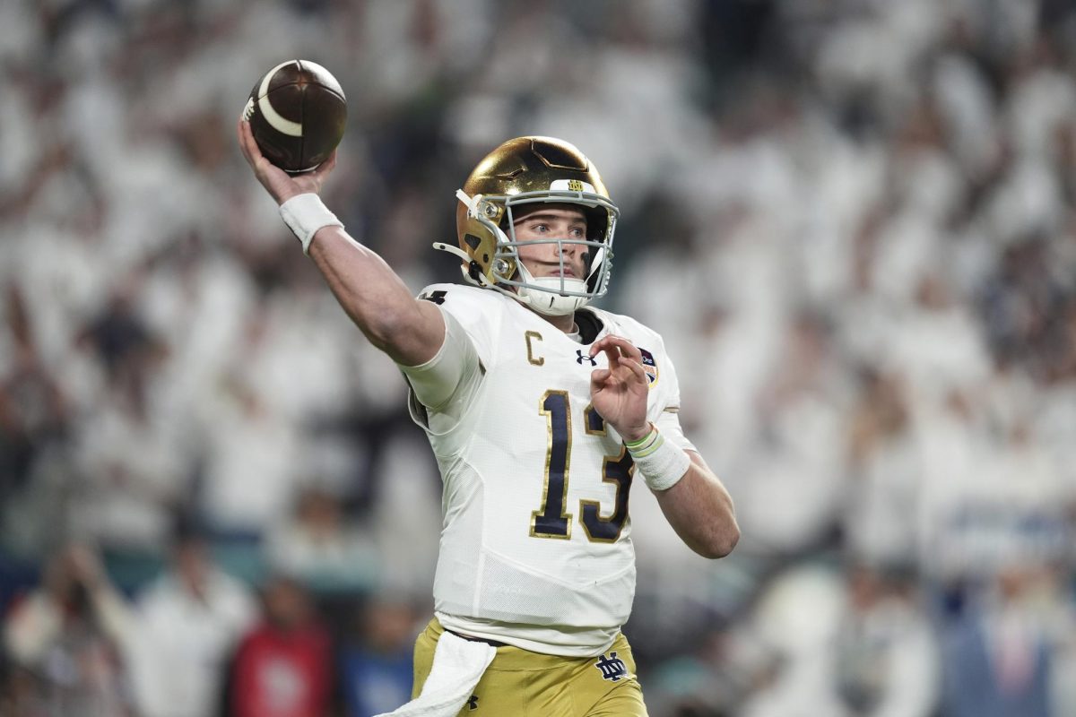 Riley Leonard throws during the Orange Bowl Jan. 9.