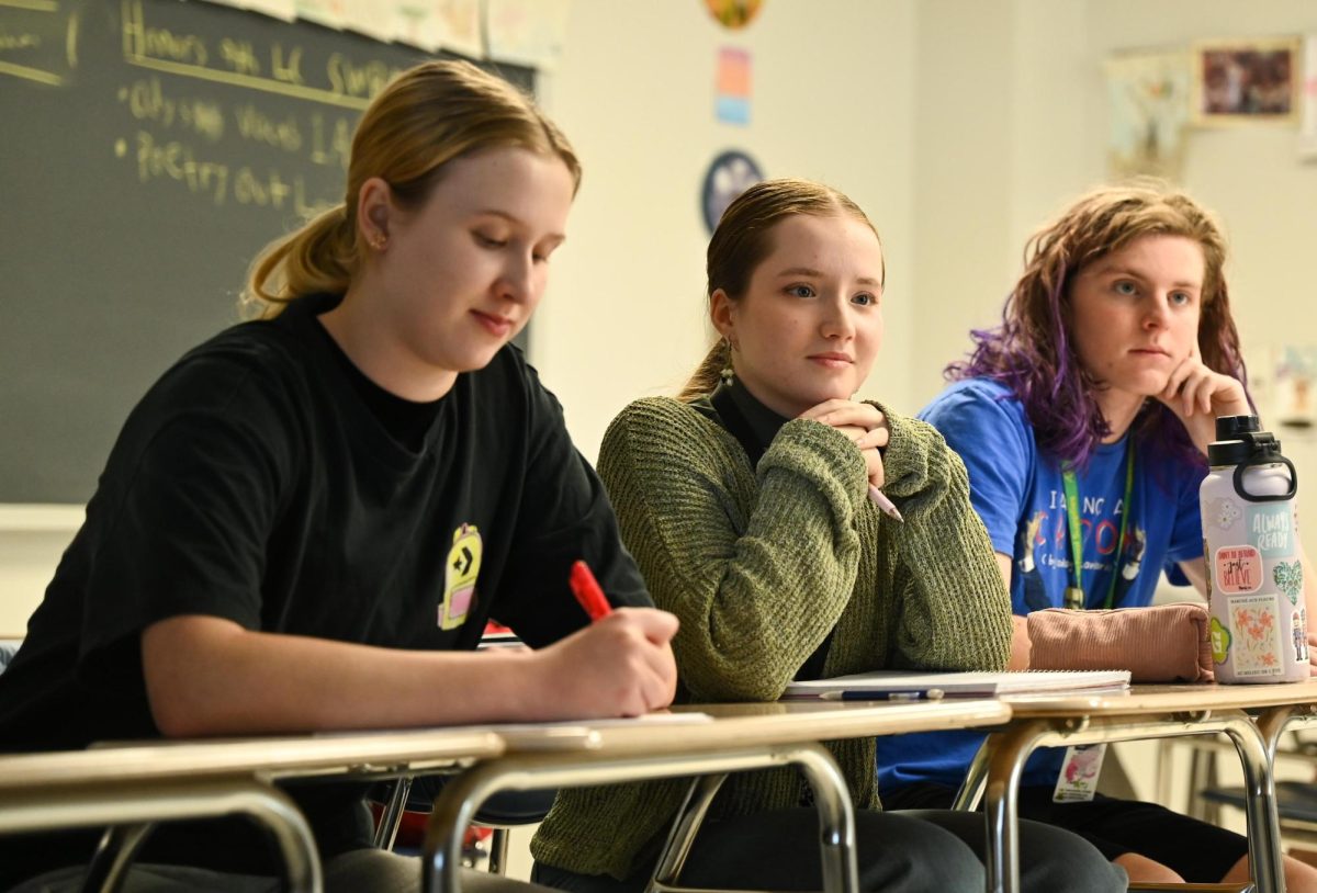 Senior Sami McKenney (left), senior Caroline James (middle) and junior Logan Szymanski (right) practice for their upcoming competition.