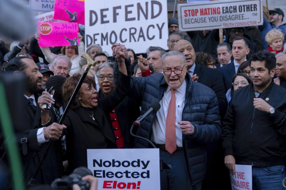 Senate MInority Leader Chuck Schumer (D) at a Feb. 4 rally against Elon Musk outside the Treasury Department in Washington D.C.