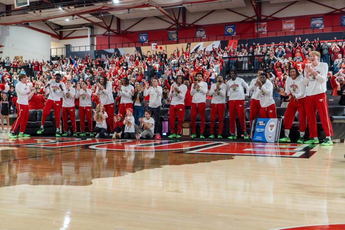 The SIUE basketball team celebrates being selected to compete in March Madness during a Selection Sunday watch party at Vadalabene Center March 16.